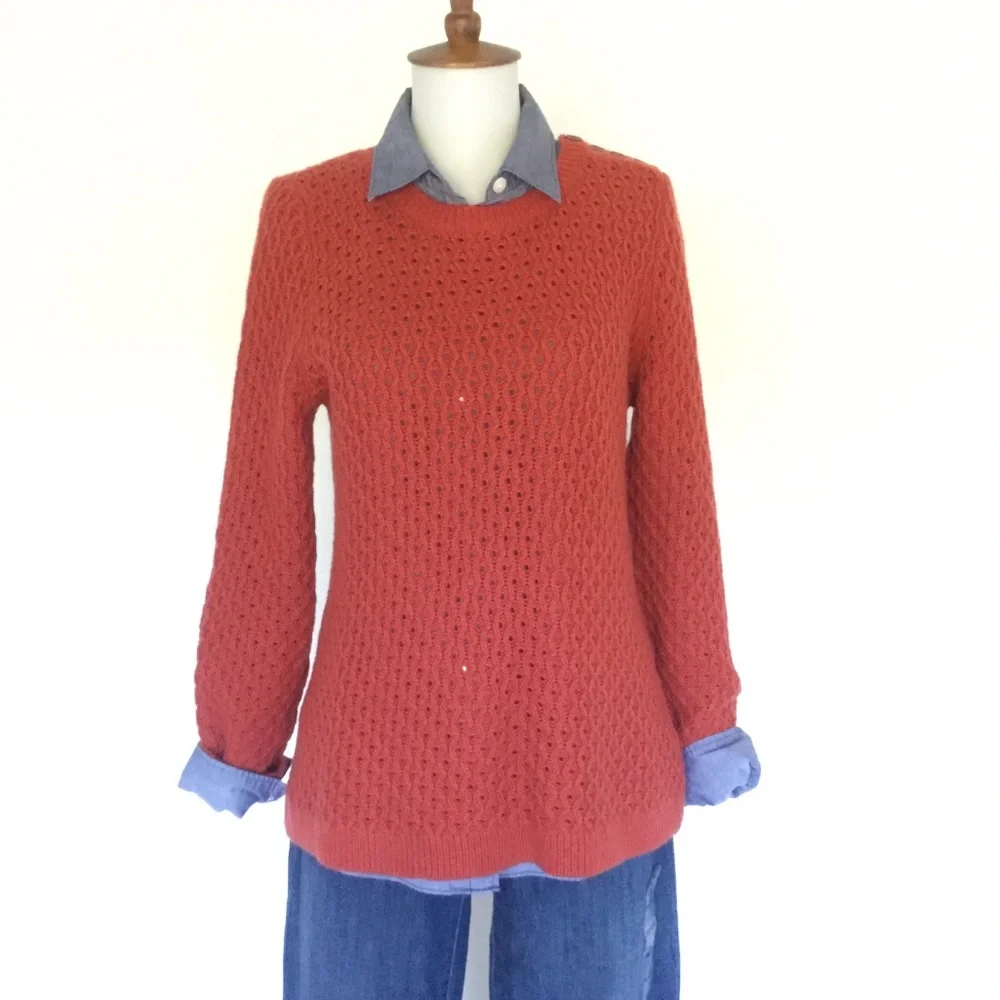 Talbots NWOT Orange Lambswool Open-Weave Sweater Size MP - Picture 4 of 7